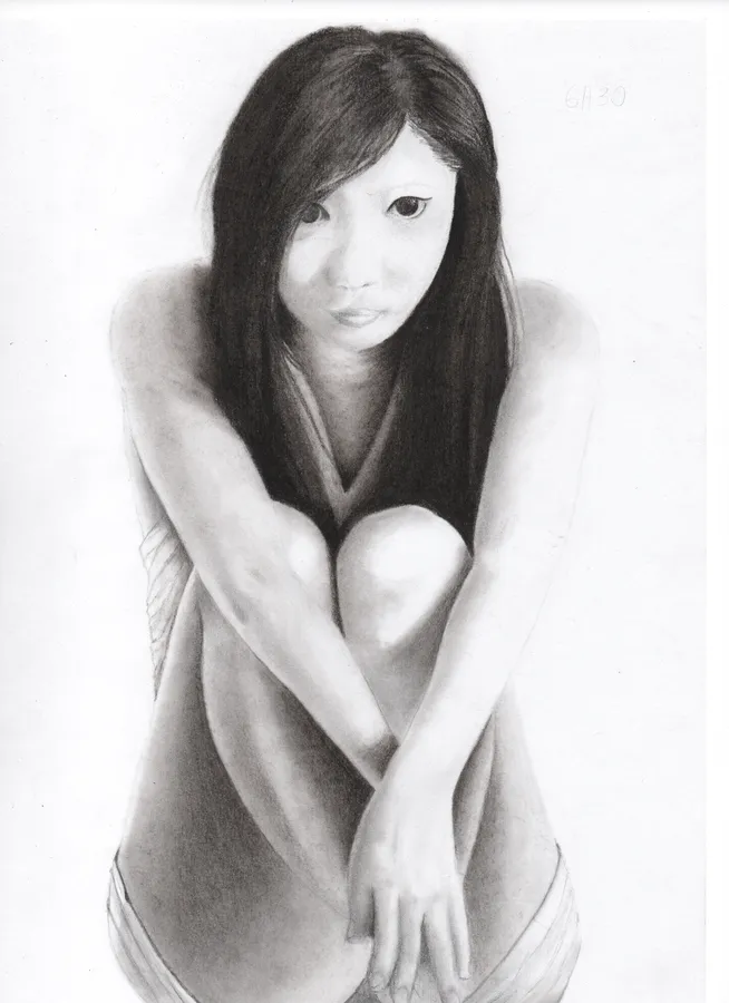 Graphite portrait of a young woman sitting with her arms around her knees